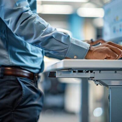 Osoba pracująca przy biurku z monitorem, które posiada stelaże z elektryczną regulacją.
