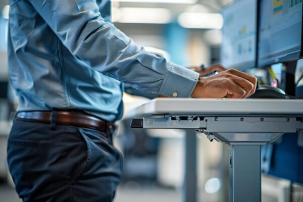 Osoba pracująca przy biurku z monitorem, które posiada stelaże z elektryczną regulacją.
